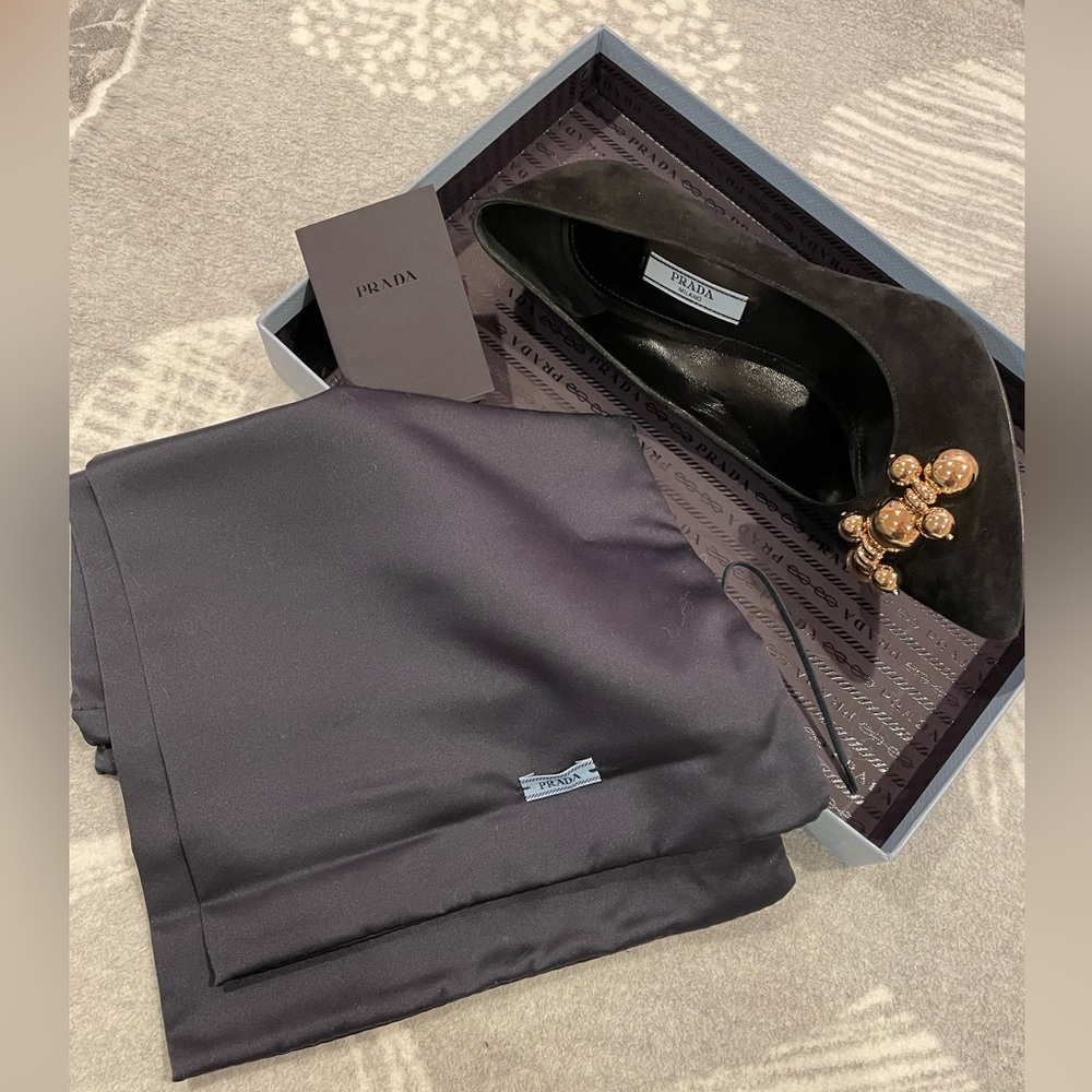 Prada Black suede 4” heel shoes with golden balls decor, size 38.5 - Picture 13 of 14